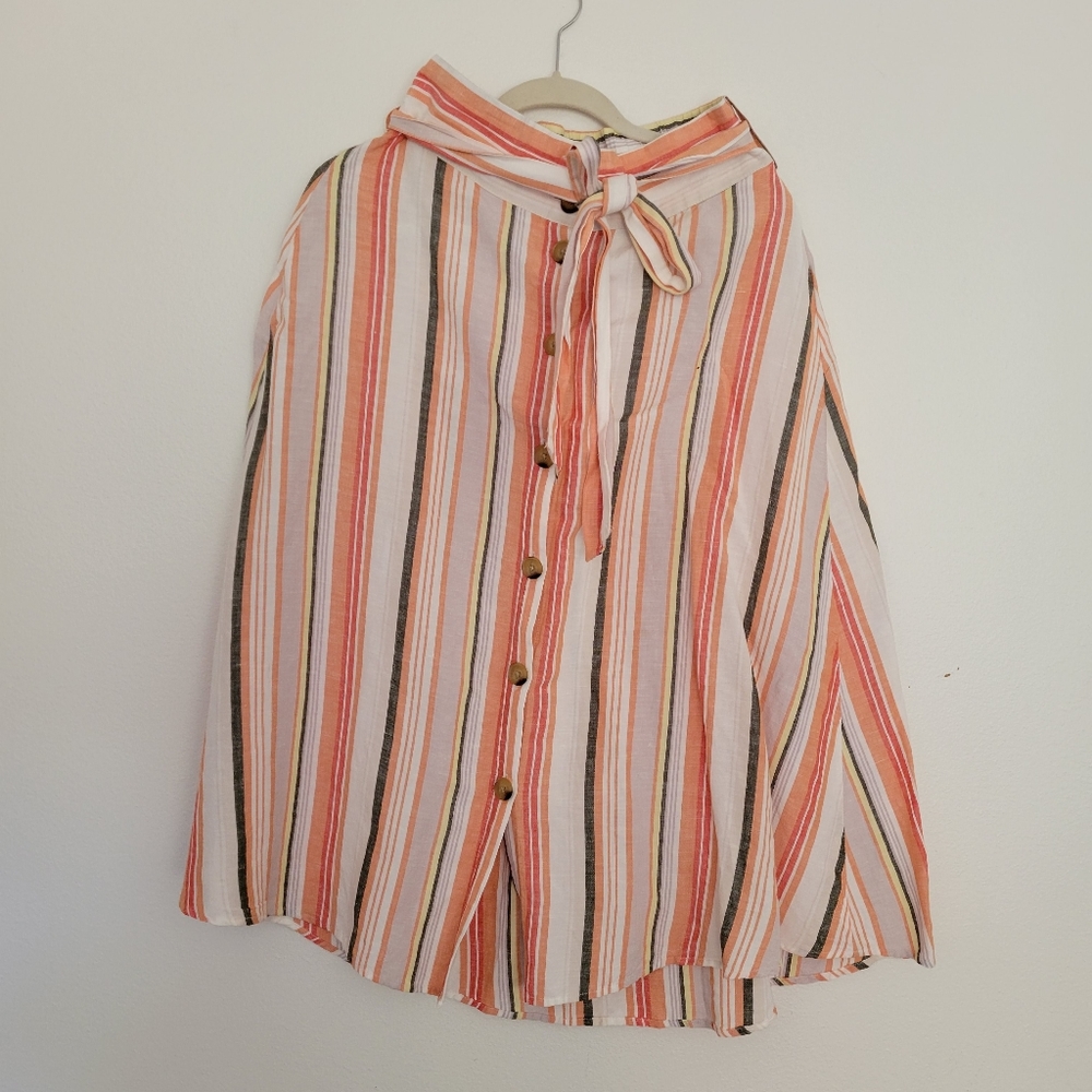 Linen vertical stripe A line button down skirt.
